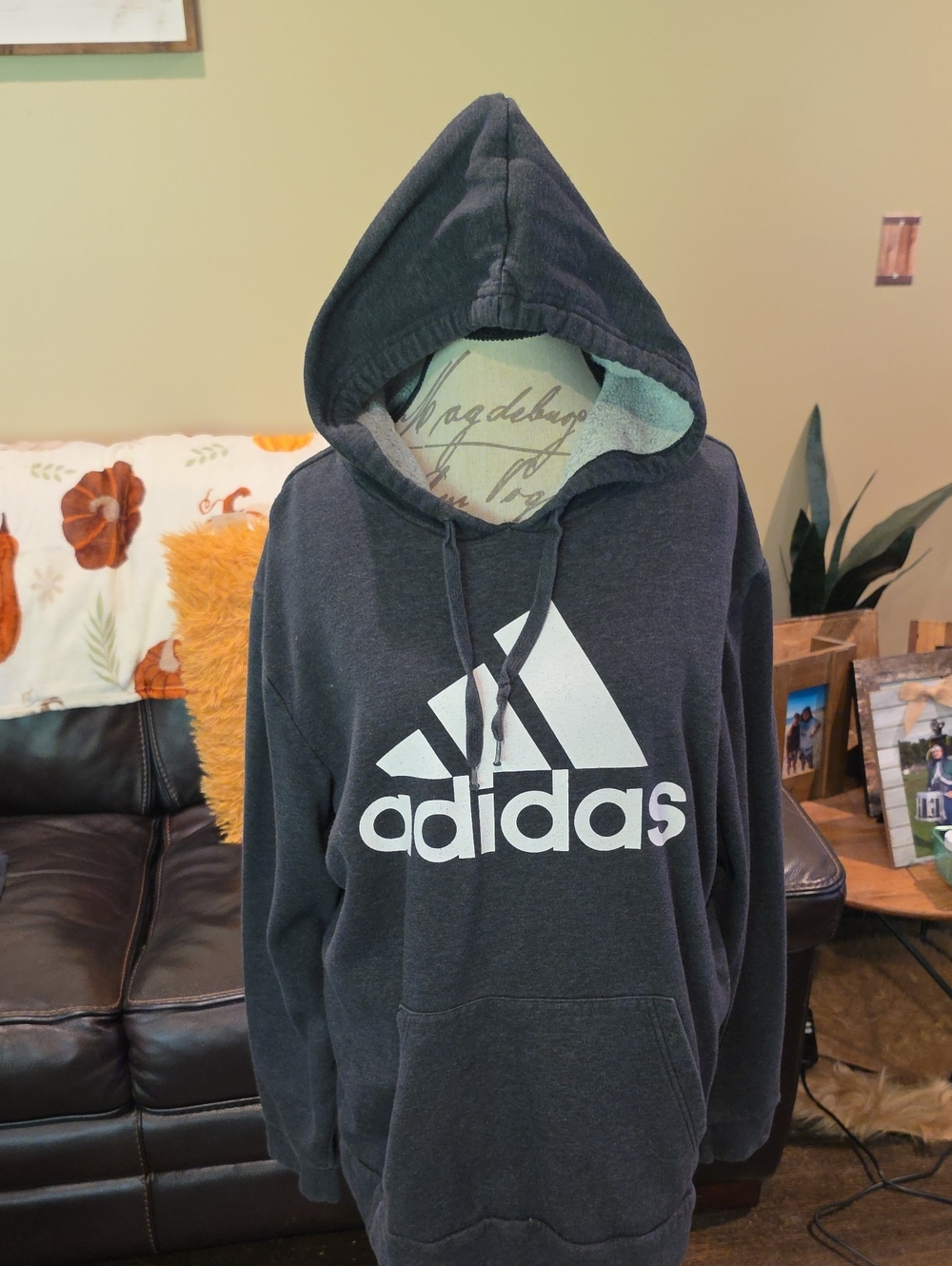 Adidas Men’s Charcoal Hoodie with White Logo Sz XL